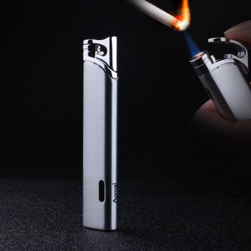 Ultra-thin Portable Cigarette Lighter Blue Flame Grinding Wheel Windproof Gas Lighter Torch Metal Spray Gun Cigar Butane Lighter