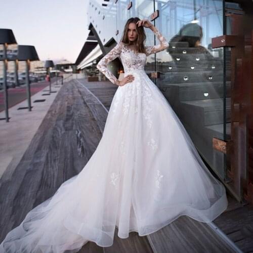 See Through Lace Applique Long Sleeves Wedding Dress Blush Customized Made vestido de noiva com manga Bridal Gowns