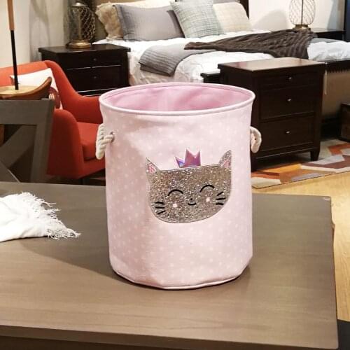 Cartoon Cat Folding Laundry Storage Basket Organizer With Drawstring Handles Girls Room Dirty Clothes Organization Baskets