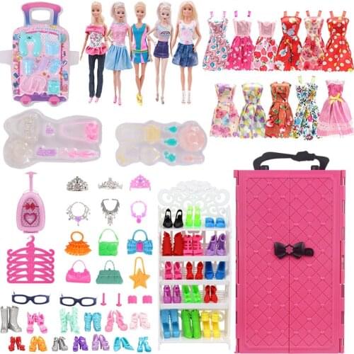 Barbies Girl Wardrobe Cabinet Storage Portable Box Wardrobe + Clothes Accessories 72 Piece Set Fits 26-30Cm Barbies Dolls Gift