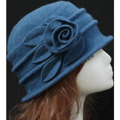 Vintage Women Wool Church Cloche Flapper Hat Lady Bucket Winter Flower Cap
