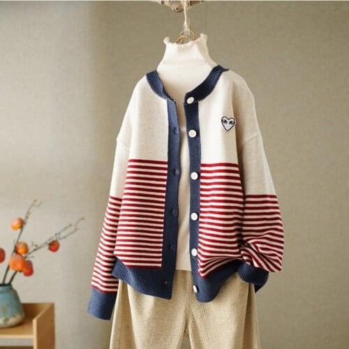 Striped stitching long-sleeved round neck-knit cardigan womens spring and autumn new loose fashion casual embroidered sweater