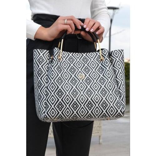 Womens Black White Shoulder Bag Mosaic Pattern Useful Stylish Fashion Bag Great Quality Made in Turkey