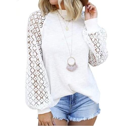 Lace splicing lady tops o-neck pullover print women sweatshirts autumn long sleeve white casual hoodies top female