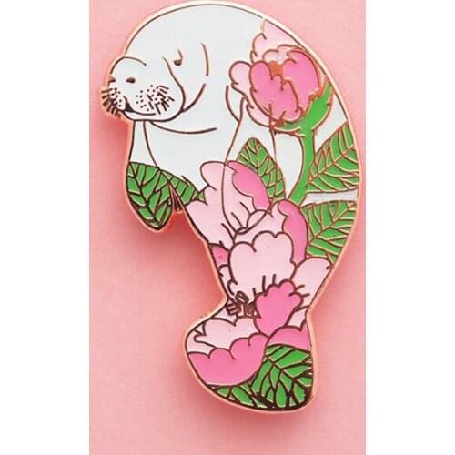 Peony Manatee Protect the Animals Enamel Brooch Pin Backpack Hat Bag Lapel Pins Badges Women Mens Fashion Jewelry Accessories