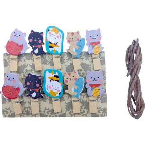 10packs/lot Cute Lucky cat Wooden Paper Clip Craft Mini Wooden Photo clips wholesale