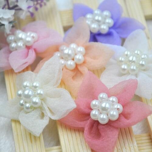 20pcs Organza Ribbon Flowers handicraft W/Pearl wedding decoration A299