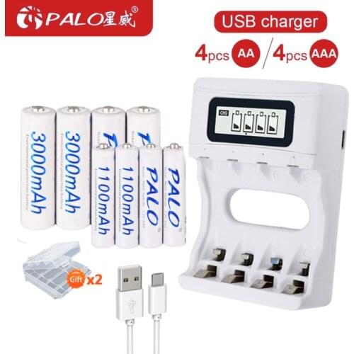 PALO USB Smart AA AAA battery charger for 1.2V AA AAA Rechargeable Batteria+4pcs 1.2V nimh AA Battery+4pcs 1.2V AAA Battery