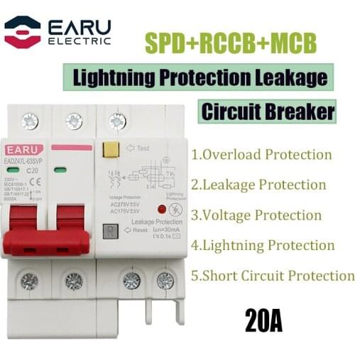 20A 2P SPD Residual Current Circuit Breaker With Overload Overvoltage RCBO RCCB With Lightning Protection MCB Leakage Protector