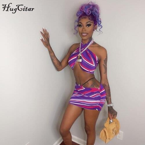 Hugcitar 2021 Sleeveless Striped Sexy Crop Top Skirt 2 Pieces Set Summer Women Fashion Streetwear Club Y2K Tracksuit