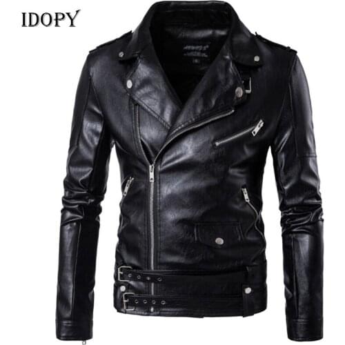 Idopy Motorcycle Biker Faux Leather Jacket Men Autumn Turn-Down Collar Zipper Male Pleather Coats Plus Size M-5XL