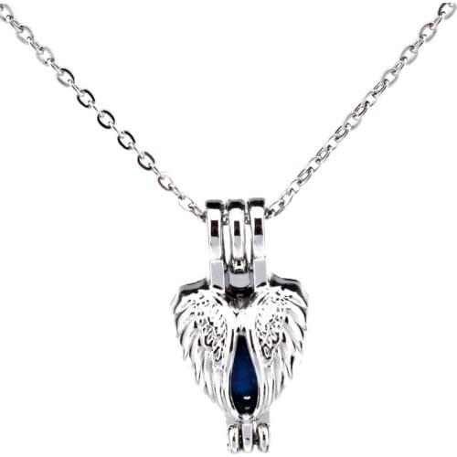 KK509 Feather Wings Oyster Pearl Cage Aromatherapy Beads Cage Fairy Tale Locket Necklace Stainless Chains