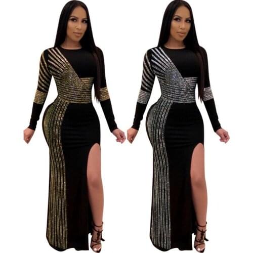 Richkeda Store New 2021 African Maxi Dresses For Women Black African Long Dress Sequins O-Neck Long Sleeves Daily Dress Evening