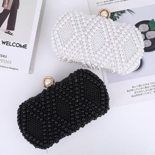 Fashion Women Pearl Beading Evening BagS Luxury Elegant Clutches Bridal Wedding Party Handbags Ladies Black White Shoulder Bag