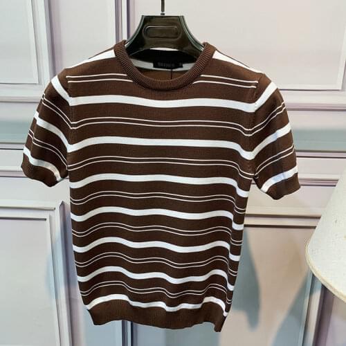 2021 Men 's Short-Sleeved Sweater Striped Slim -Fit Sweater Spring and Autumn New High-End Handsome Korean Style Top