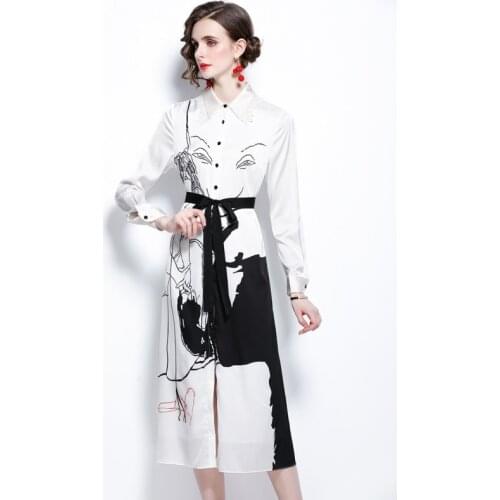 New Arrival Autumn Dress Runway Designe Single-Breasted Portrait Print Fashion Lace Up Slim Shirt Work Wear Casual Long Dresses