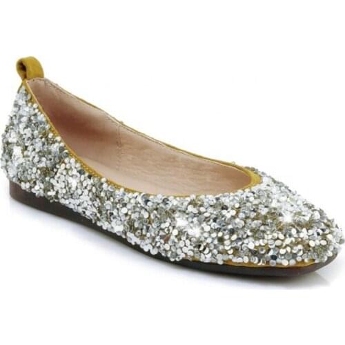 Wholesale Round Toe Slip-on Black and Silver Sequin Shoes Bling Shoes Flats Women Office Ladies Shoes