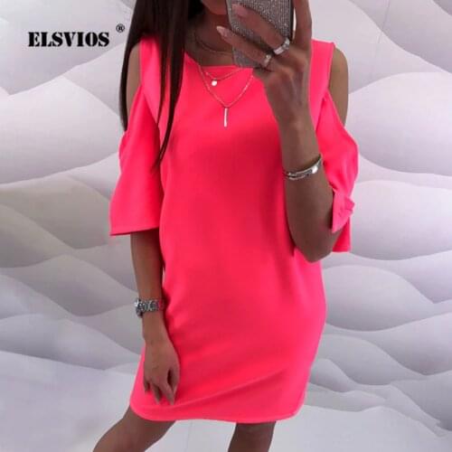ELSVIOS 2019 Solid Color Off Shoulder Short Sleeve Women Dress Summer O Neck Slim Mini Short Dress Female Beachwear Casual Dress