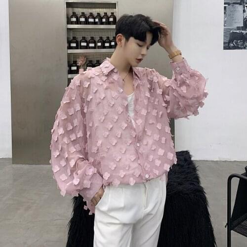 Men Loose Long Sleeve Thin Translucent Sexy Casual Shirts Male Women Lovers Streetwear Hip Hop Pink Party Dress Shirts