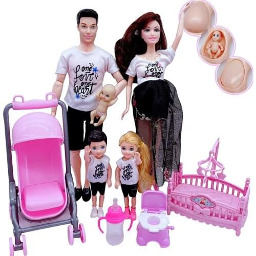 5-person family couple combination=11.5 inch pregnant woman doll mom/daddy/girl/stroller children play house toy Christmas gift