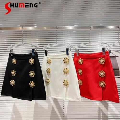 2021 Spring New Rhinestone Flower Button High Waist Package Hip Skirt Ladies Mini Skirts