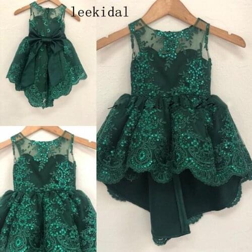 Vintage Flower Girl Dresses For Wedding Hi-Lo Emeral Green Big Bow Middle East Dubai Princess Kids First Communion Gowns Custom
