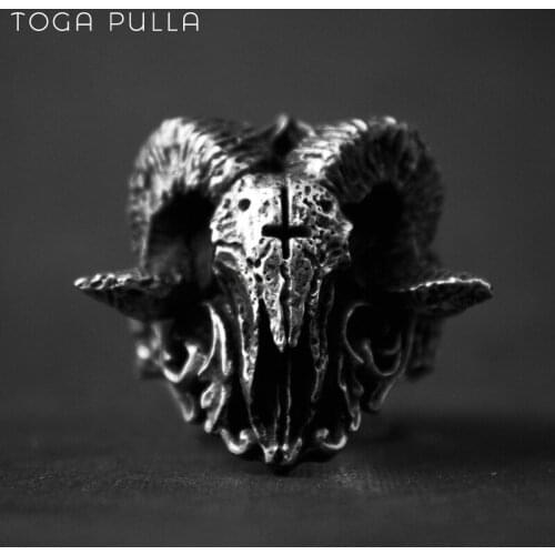 Vintage Punk Gothic Sorath Skull Ring Men Stainless Steel Satanic Demon Ring Cool Male Baphomet Goat Head Pagan Ring Jewelry
