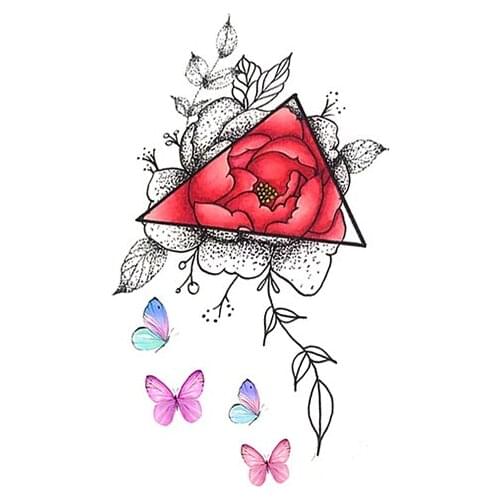 Pink Butterfly Waterproof Temporary Tattoo Sticker Red Flower Triangle Fake Tattoos Flash Tatoo Neck Legs Body Art for Women Men
