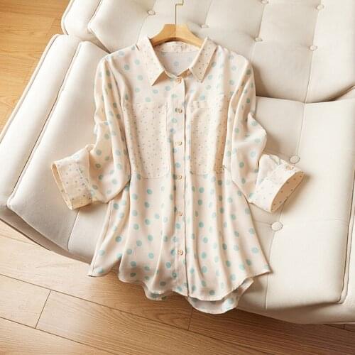 Women Spring Summer Style Chiffon Blouses Shirts Lady Casual Long Sleeve Turn-Down Collar Green Polka Dot Printed Blusas Tops