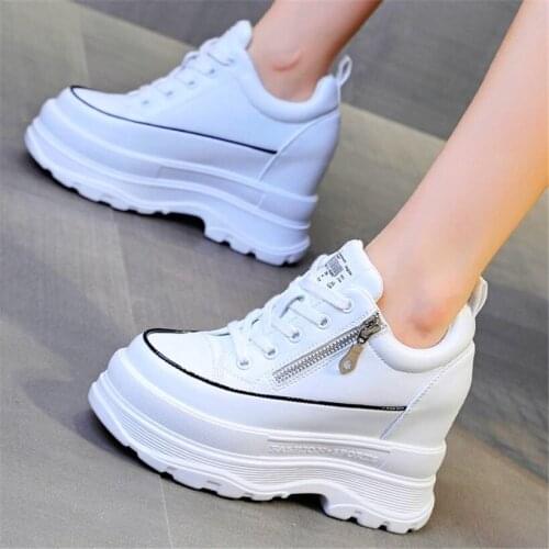 Fashion Sneaker Women Genuine Leather Platform Wedge Ankle Boots Round Toe High Heels Creeper Shoe Goth 34 35 36 37 38 39