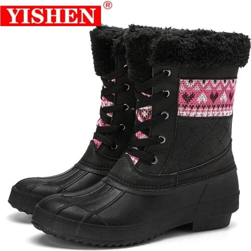 YISHEN Women Rain Boots Lace Up Fleece Trim Mid-calf Waterproof Sole Fashion Casual Shoes Size 36-42 Womens Winter Duck Boots