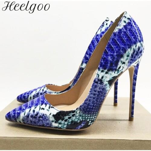 Heelgoo Blue Crocodile Pattern Women Sexy Pointy Toe High Heel Shoes Goegeous Slip On Stiletto Pumps for Ladies Plus Size 33-45