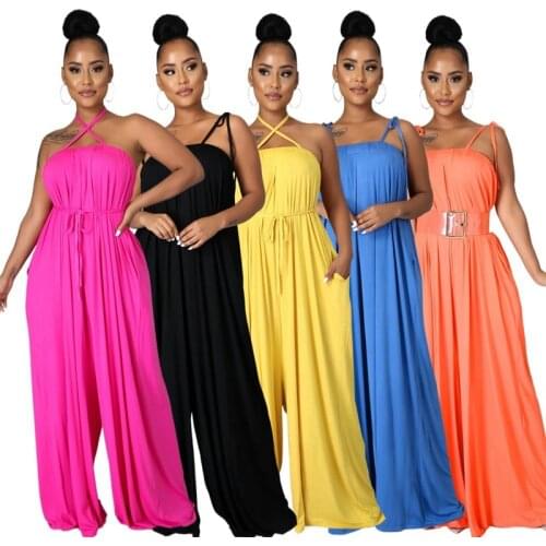 Women Solid Casual Jumpsuit Spaghetti Strap Sleeveless Milk Silk Material Loose One Piece Overalls Sexy Summer Club Rompers