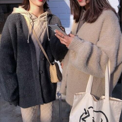 2021 Women Autumn Winter Mink Fleece Sweater Coat Jacket V Neck Single Breasted Loose Knitted Overcoat Outwear Cloak