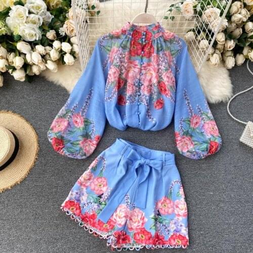 Print Shirt + Wide Leg Shorts Two Piece Sets 2021 Women Fashion New Vintage Long Lantern Sleeve Single Breasted