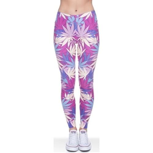 Ladies Leisure Dress leggings Girls Garments Purple Color Leaf Printed Women Sweet Fashion Slim High Waist Legging Skinny Pants