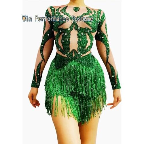 Women Ladies dance dress Nude Birthday Fashion Personality O neck Sequined Skirt Fringed Skirt Latin Dance Performance Clothing