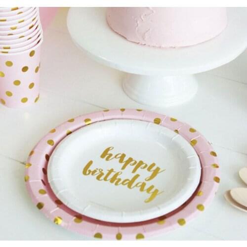 8 Pc Pink Foil Gold Dot Birthday Gril Baby Shower Party Supplies Decoration Cake Dish Disposable Paper Plates Baptism Favors