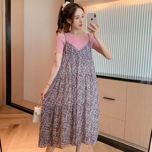 2522# T shirt + Dress Maternity Clothes Purple Floral Dress Loose Stylish Short Sleeves Dress Pregnant Women Pregnancy Clothes