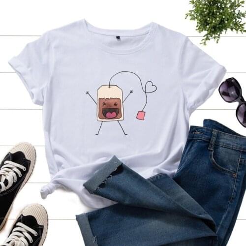 Summer Women T-shirt 100% Cotton Short Sleeve Tea Bag Print Female Fashion Casual T Shirt Ladies Regular Graphic O-Neck Tee Tops