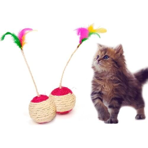 Pet Cat Toy Sisal Rolling Scratching Chew Teaser Rattling Weave Ball Kitten Play Interactive Feather Toys Pet Supplies