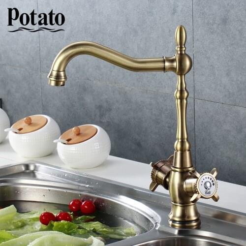 Potato Kitchen Faucet Antique Style Gold Double Handle Control of Hot And Cold Water Bronze Sink Faucet p43325-2