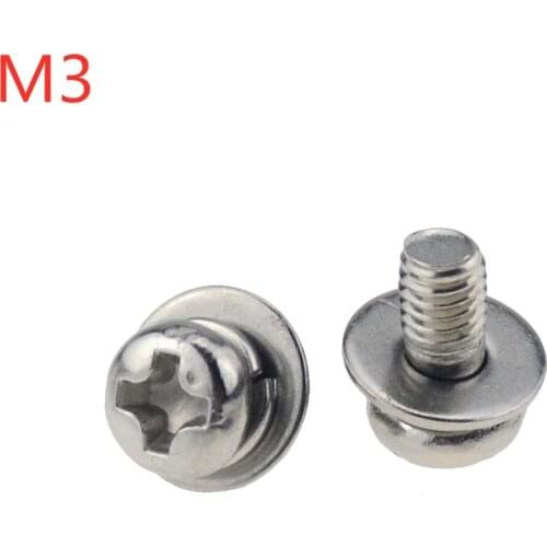 100pcs/Lot M3x8 304 Stainless Steel combination of pan head screw screw+Flat washer+Spring washer