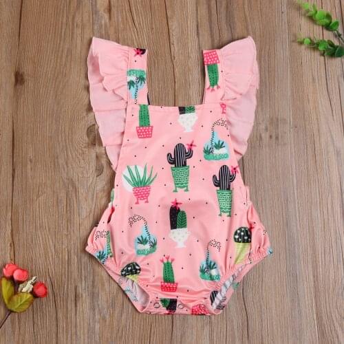 Newborn Baby Girl Boys Rompers One Piece Ruffles Short Sleeve Cartoon Cactus Print Jumpsuit 0-24M