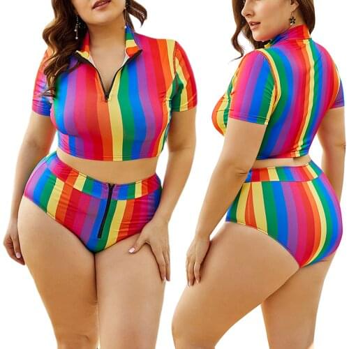 2XL 3XL 4XL 5XL Women Big Size Swimsuits Colorful Striped High Waist Bikini Women 2021 Summer Short Sleeve Plus Size Swimwear