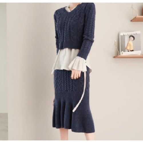 Fashion Knitted 2 Piece Set Women Long Sleeve V-neck Pullover Sweater Tops+ Mermaid Skirt Set Lady OL Knitting Skirt Suit