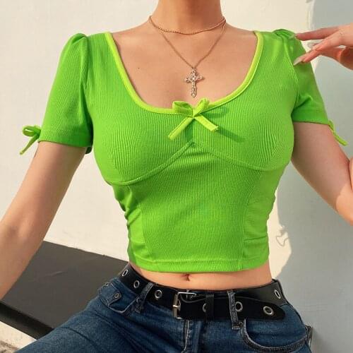 New womens sexy U-neck cute slim short-sleeved T-shirt exposed navel top