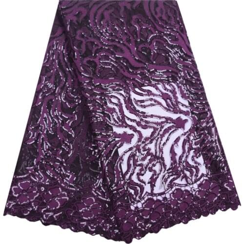 Latest Milk Silk African Lace Fabric Purple High Quality Lace Nigerian Lace Fabrics With Sequins For Wedding Dress 5 Yards 1816