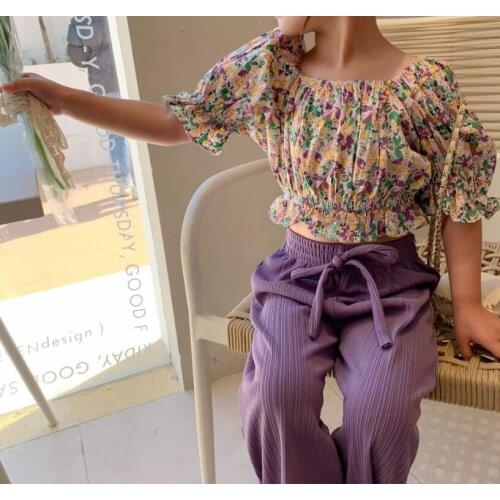 2021 New Baby Girls Summer Fashion Sets, Printed Top + Purple Pants Wholesale 5 sets/lot