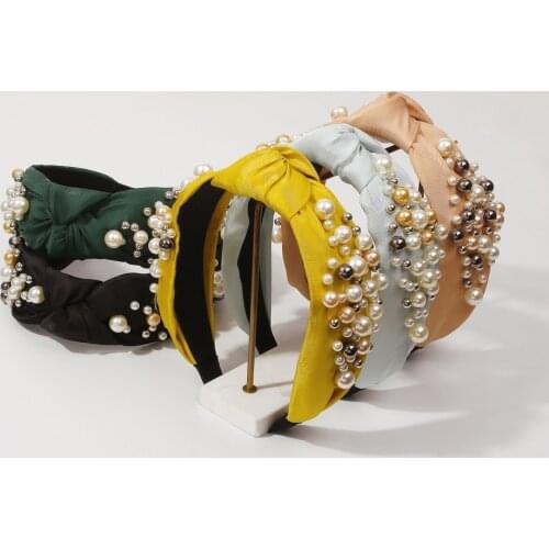 New Fashion Women Hair Accessories Wide Side Headband Mix Pearls Baroque Hairband For Famale Center Knot Head Jewelry Wholesale